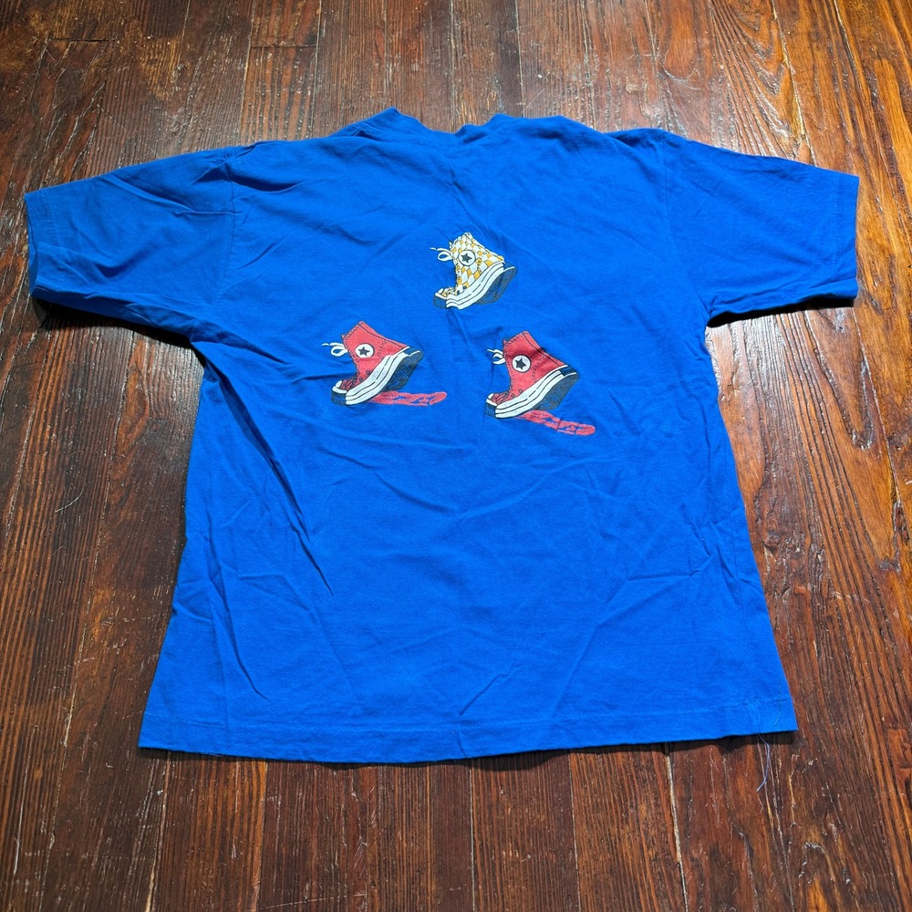 Vintage Jean L Moore T Shirt Men L Blue Converse Hi Top Single Stitch V Neck USA